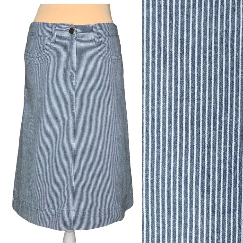 Boden Pinstripe Denim Midi Skirt Size 4L Blue White Nautical Coastal Academia